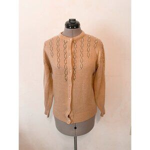 Vintage 80s Carmel Brown Beaded Knit Cardigan Sweater Size Medium